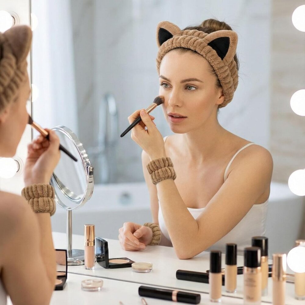 2 Pcs Cat Ears Headband Spa Headbands for Washing Face Khaki Beige Wristband - Picture 3 of 8